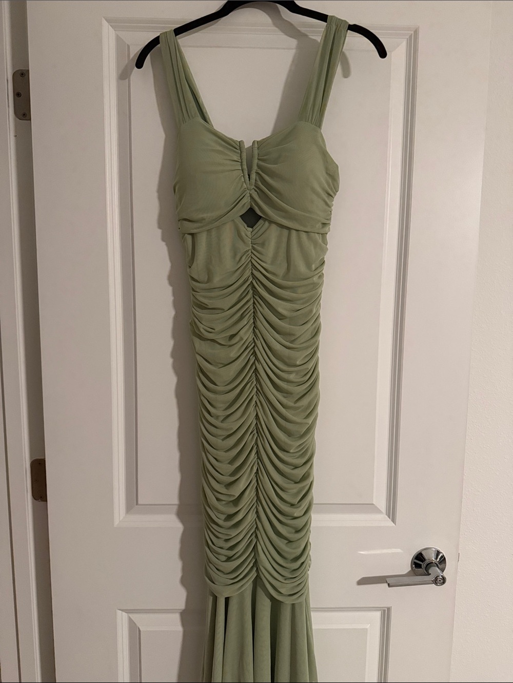 Sage Ruched Maxi Dress with Cutout Detail
